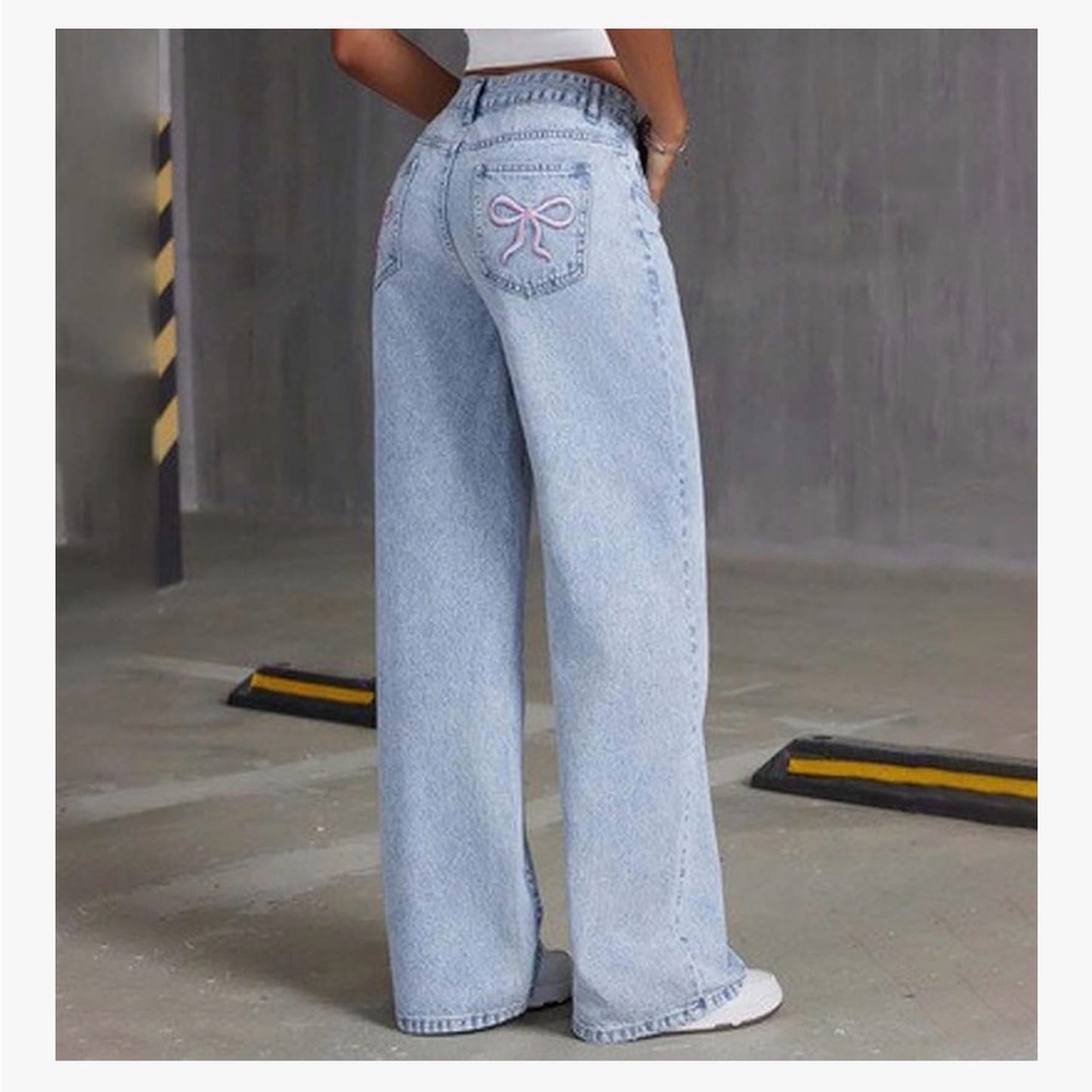 NWT Vanilla Star Baggy y2k Jean Sky Blue Straight Wide Jeans Sz 29/9-M bow 90’s